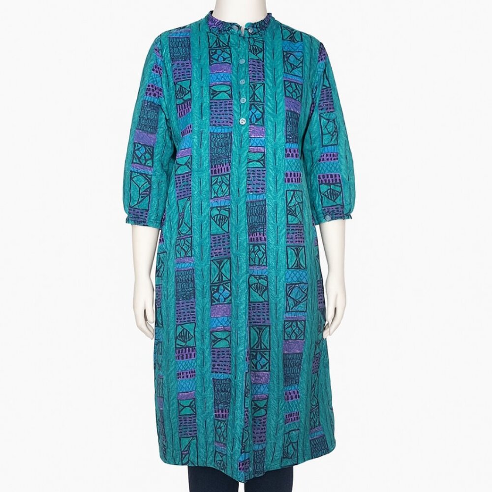 Orvis Dress Womens 18 Green Blue Geometric Tunic Muumuu Bohemian Comfort Casual